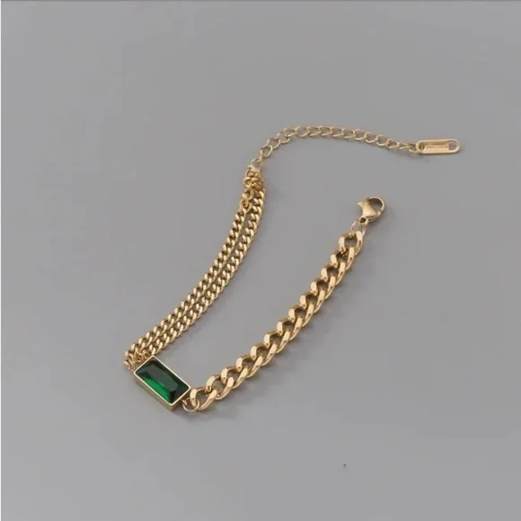 HIGH Quality Simple Hip-Hop Titanium Steel Green Square Zircon Bracelet - Picture 5 of 11